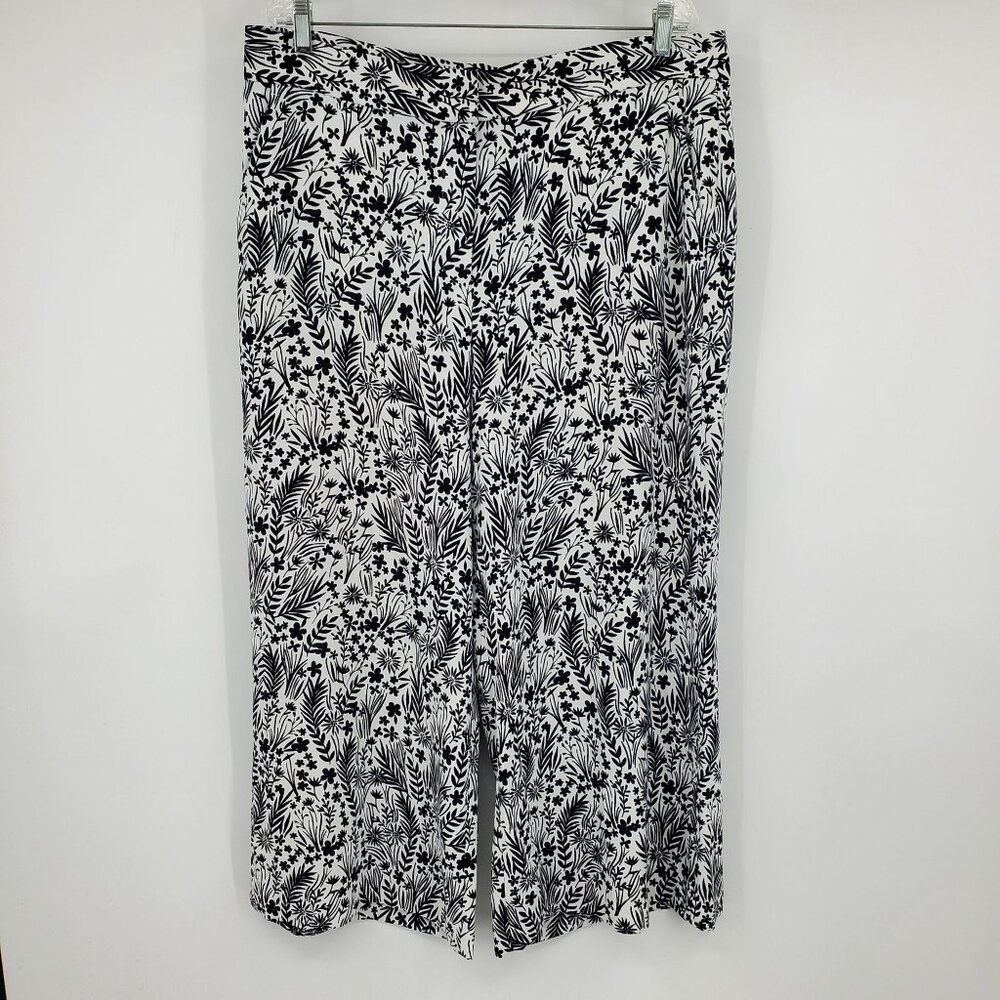 Loft‎ Ann Taylor Black and White Floral Women's Cropped Boho Wide Leg Pants 14